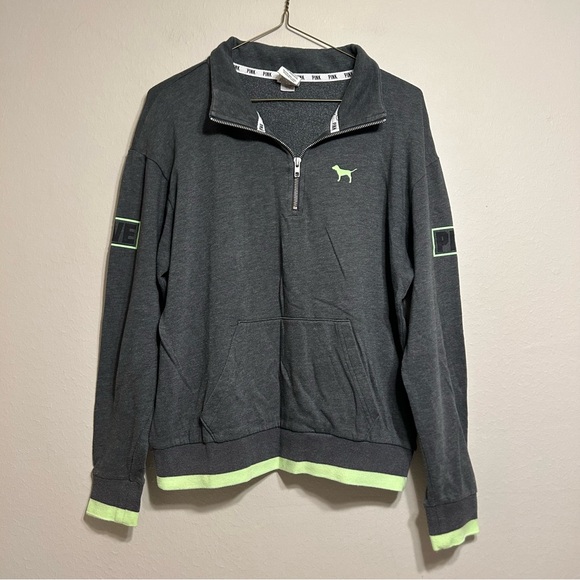Victoria's Secret Pink Dark Gray Neon‎ Green Boyfriend Half Zip Pullover Size S - Picture 1 of 9